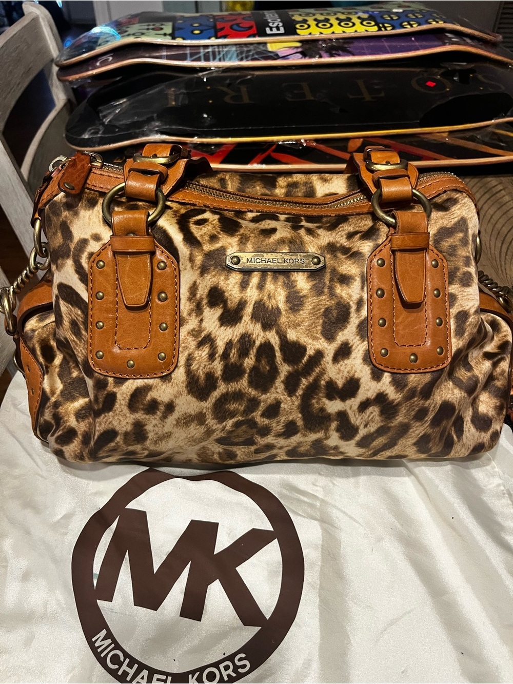 Michael Kors Leopard Print Satchel with Tan Leather Trim
